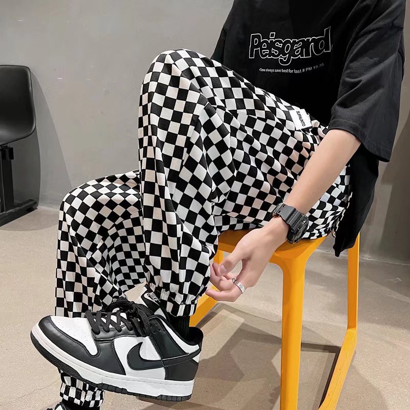 Quần ống rộng Sọc Caro Trắng Đen Thời Trang Nam Tính