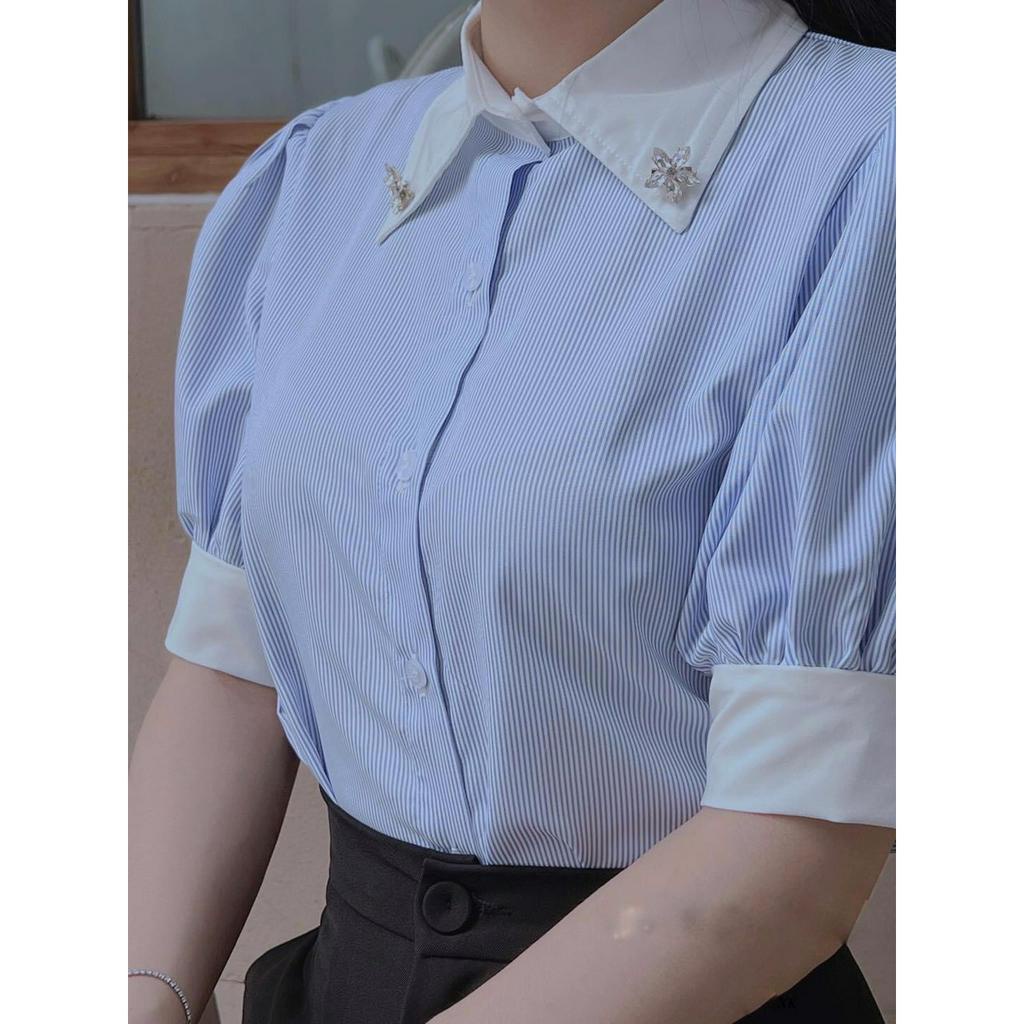 Áo sơ mi kẻ cộc tay phối cổ trắng đính tag hoa 204