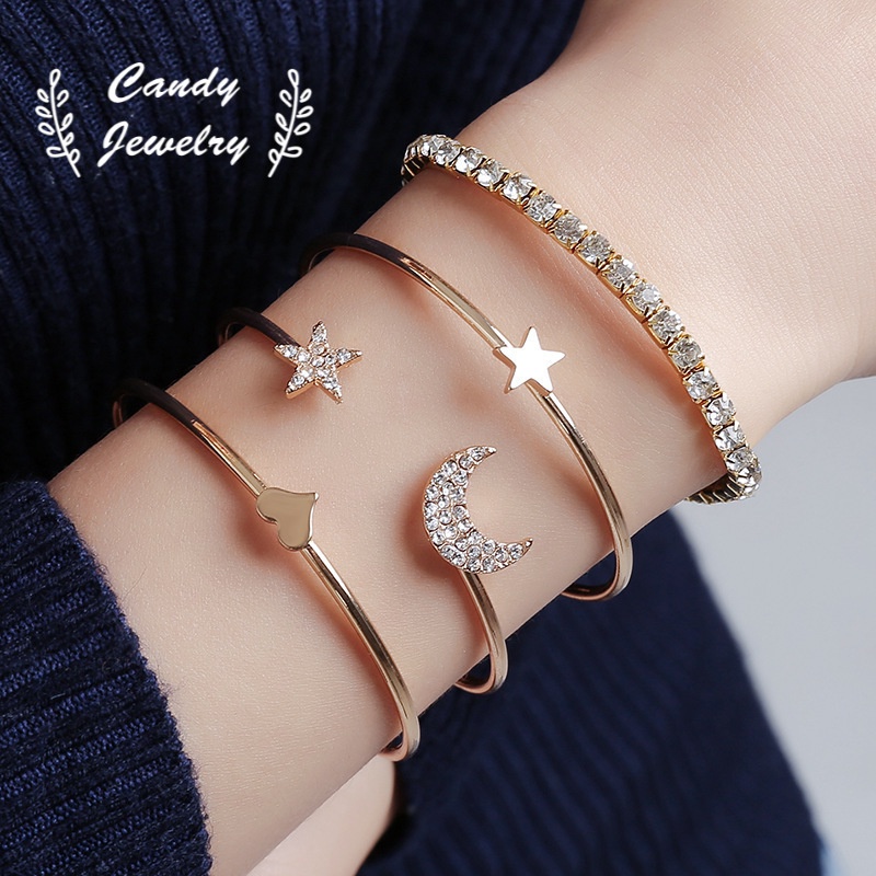 4 Vòng đeo tay đính đá hình trăng sao đơn giản cho nữ