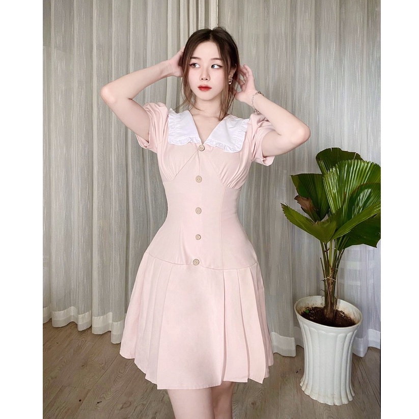 Đầm hồng xinh dự tiệc sang chảnh xòe xếp ly ngắn cổ v trắng thiết kế cao cấp tay ngắn đi tiệc đi chơi - Lux W Fashion