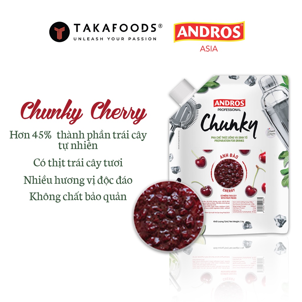 Mứt Trái Cây Chunky Anh Đào (Cherry) Bịch 1Kg [TẶNG NGAY] Bộ Công Thức Pha Chế Độc Quyền