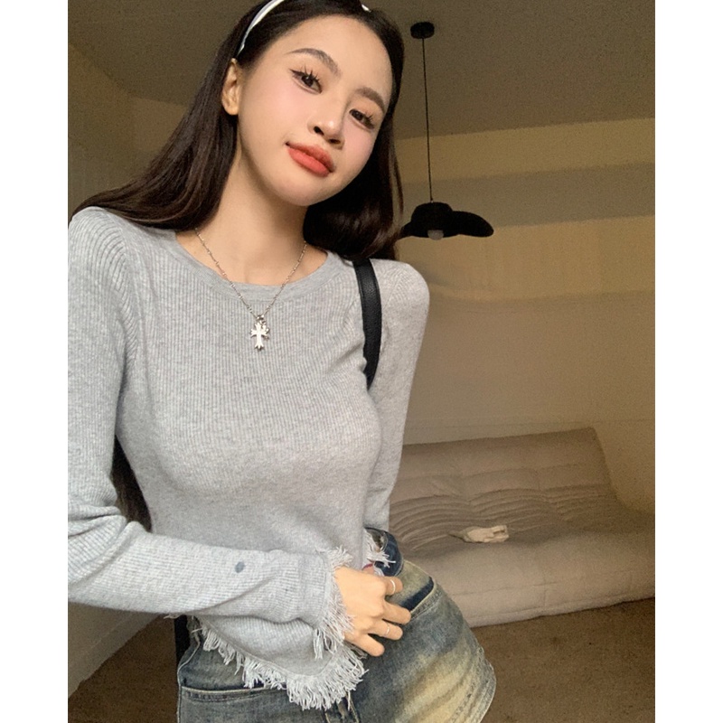 Áo Thun Tay Dài Dệt Kim Thiết Kế Tua Rua Hợp Thời Trang