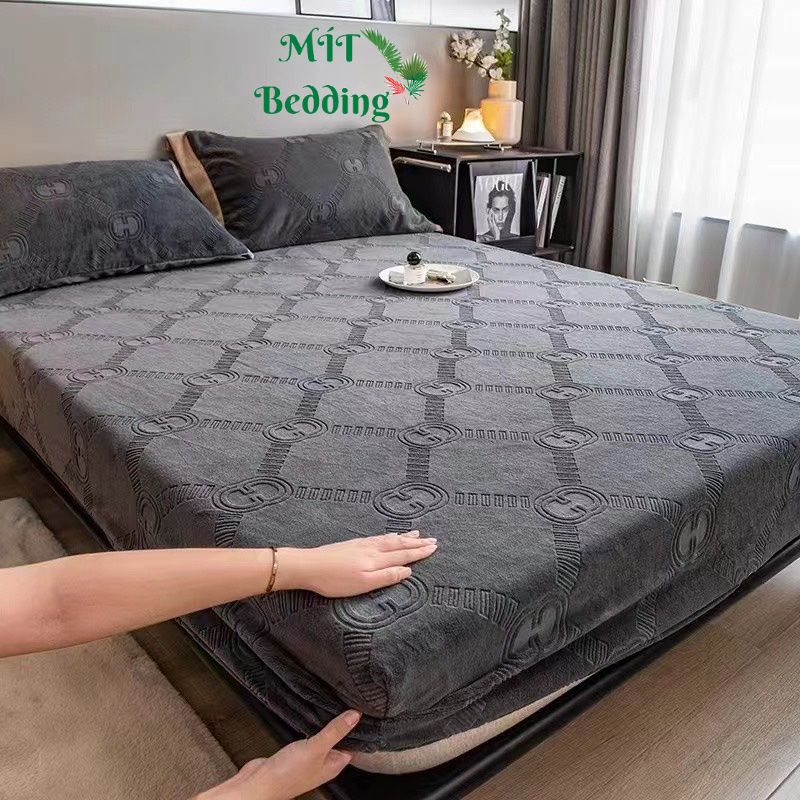 Bộ ga nỉ tuyết sữa trơn vân nổi 5D cao cấp set gồm 1 vỏ ga drap + 2 vỏ gối đủ kích thước