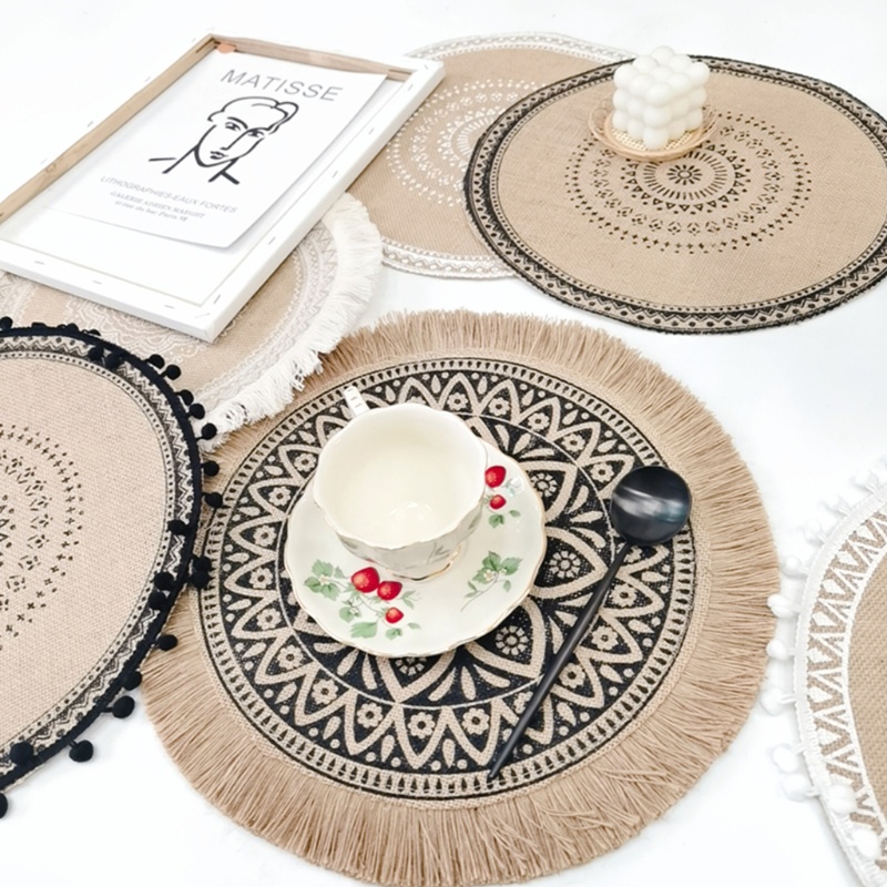 Tấm Lót Bàn Ăn Bằng Sợi Macrame Hình Tròn Họa Tiết Mandala Thiết Kế Tua Rua Cách Nhiệt Tiện Dụng