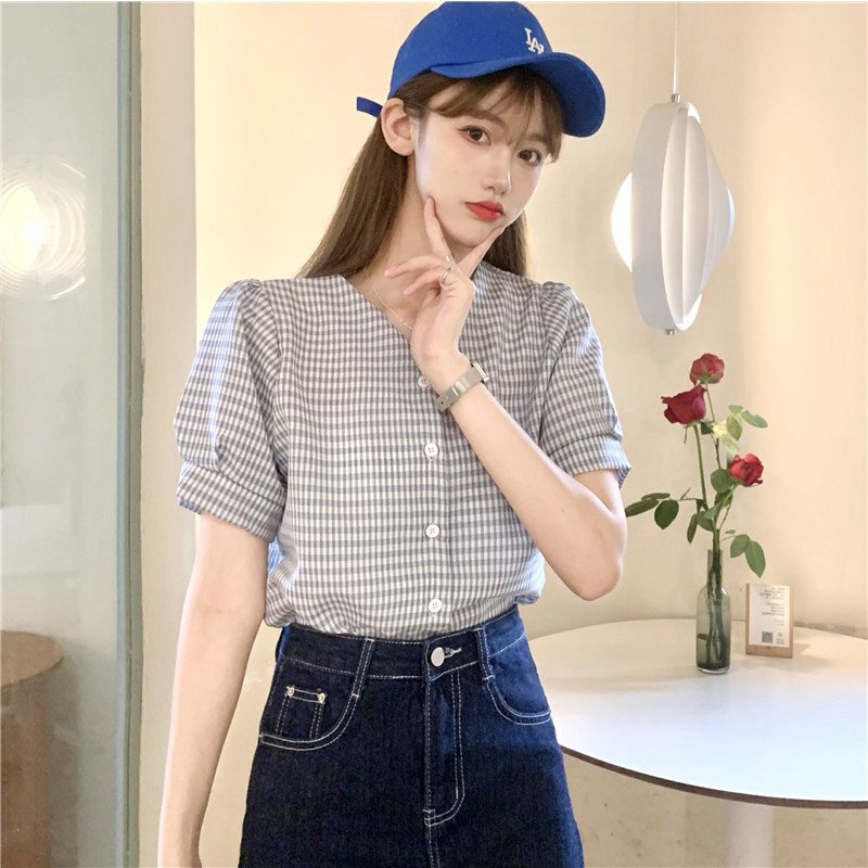 Áo sơ mi nữ ngắn tay cổ tim chữ V phong cách ulzzang Hàn Quốc S190
