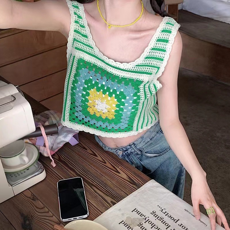 Áo Croptop Dệt Kim Không Tay Màu Sắc Tương Phản Phong Cách Hàn Quốc Thời Trang Mùa Hè Cho Nữ