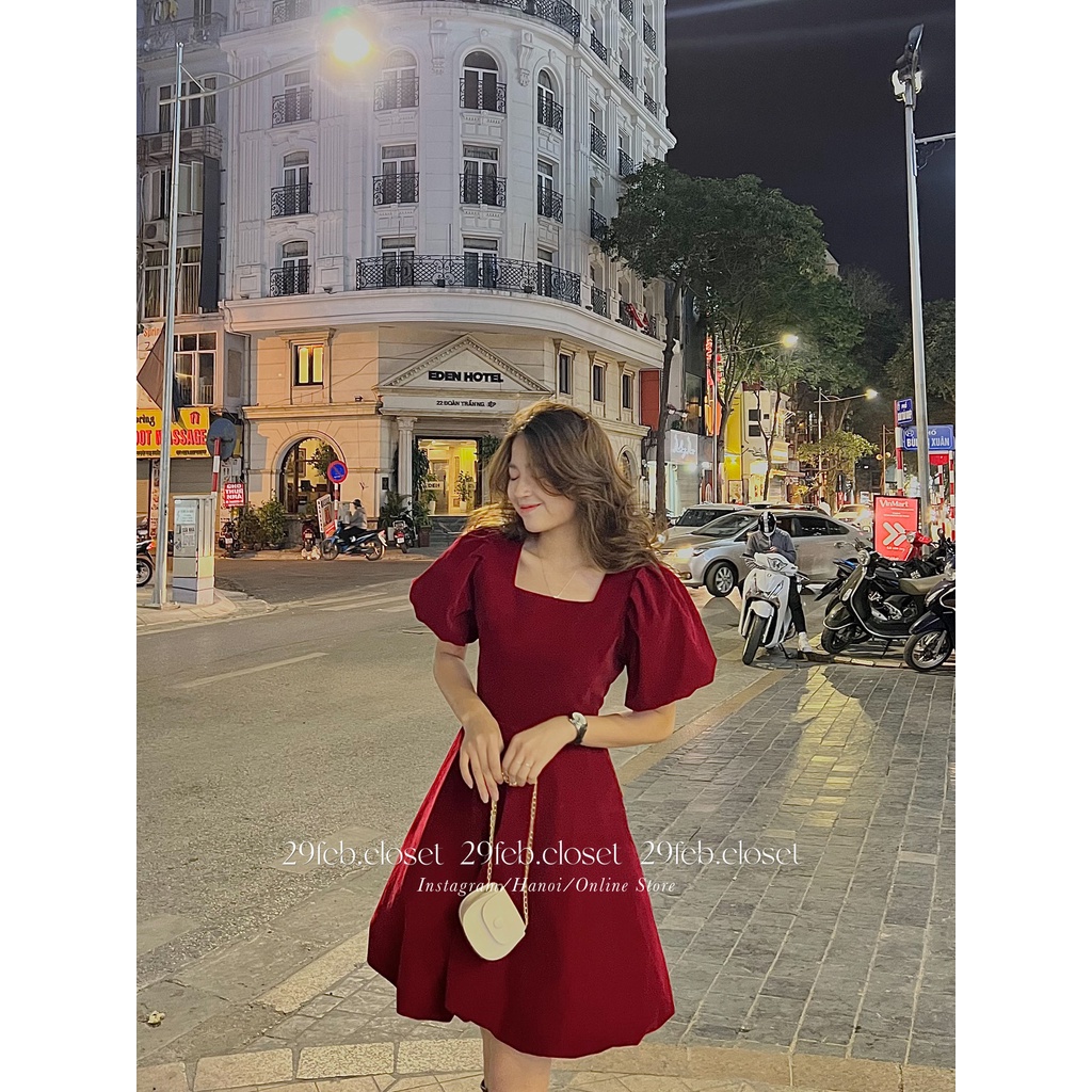 [Ảnh thật/Video] Váy nhung 2 lớp cổ vuông dáng bồng tiểu thư- 29feb.closet | BigBuy360 - bigbuy360.vn