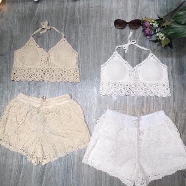 01- Set bikini ren đi biển 3 món áo bra-quần sóc- áo choàng | BigBuy360 - bigbuy360.vn