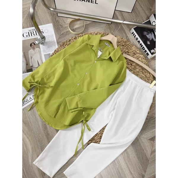 SET ÁO SƠ MI XANH BƠ THẮT NƠ DÂY RÚT MIX QUẦN  ĐŨI TRẮNG