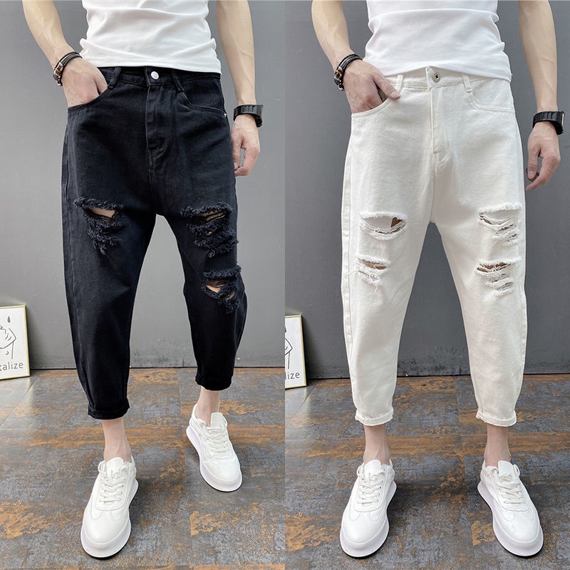【Spot】Quần Jean Bút Chì Chín Tấc Mỏng Dáng Rộng Rách Lỗ Rách Mùa Hè Cho Nam