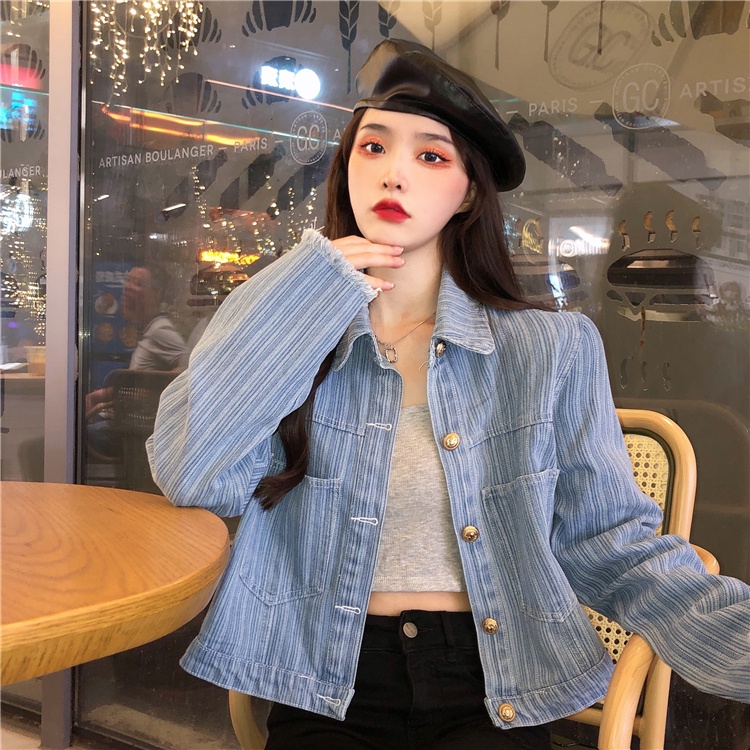 IELGY     Áo Khoác denim Tay Dài Kẻ Sọc Dọc Đơn Giản Dành Cho Nữ