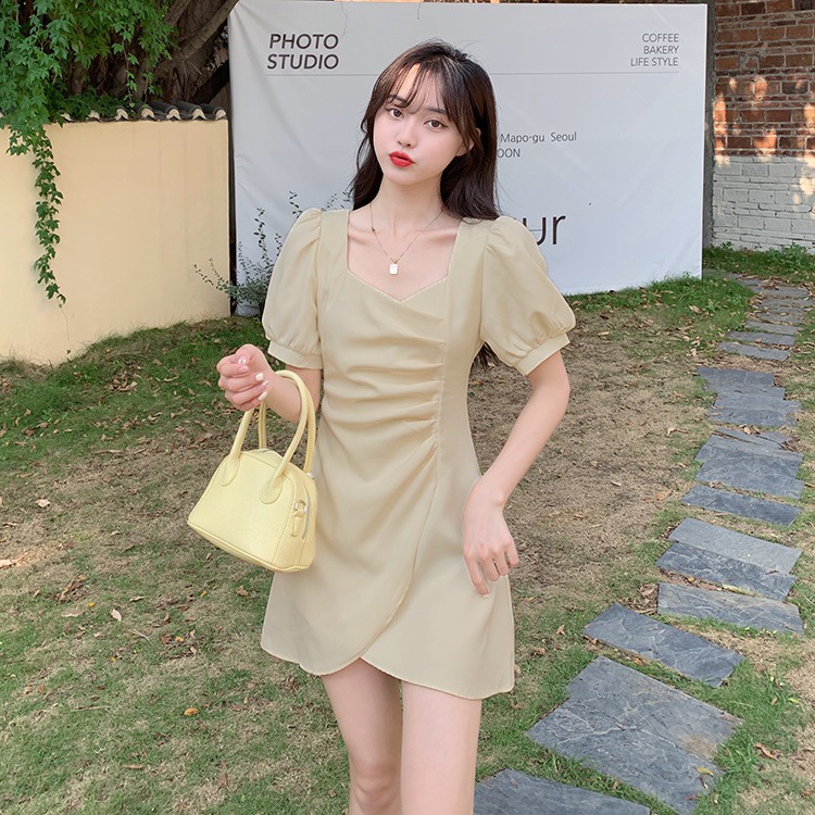 Đầm chiffon ZHELIHANGFEI ngắn tay màu trơn thiết kế không đồng đều xinh xắn thời trang