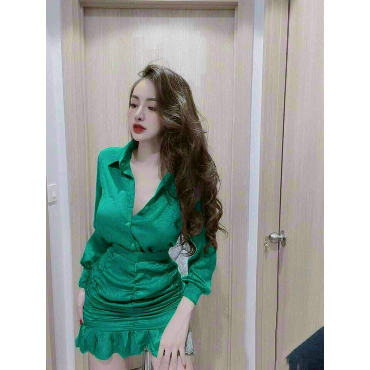 SET ÁO SƠ MI KÈM CHÂN VÁY CÓ LÓT THỜI TRANG DẠO PHỐ DỰ TIỆC CHẤT LIỆU LỤA SATIN CAO CẤP yummyfashion1