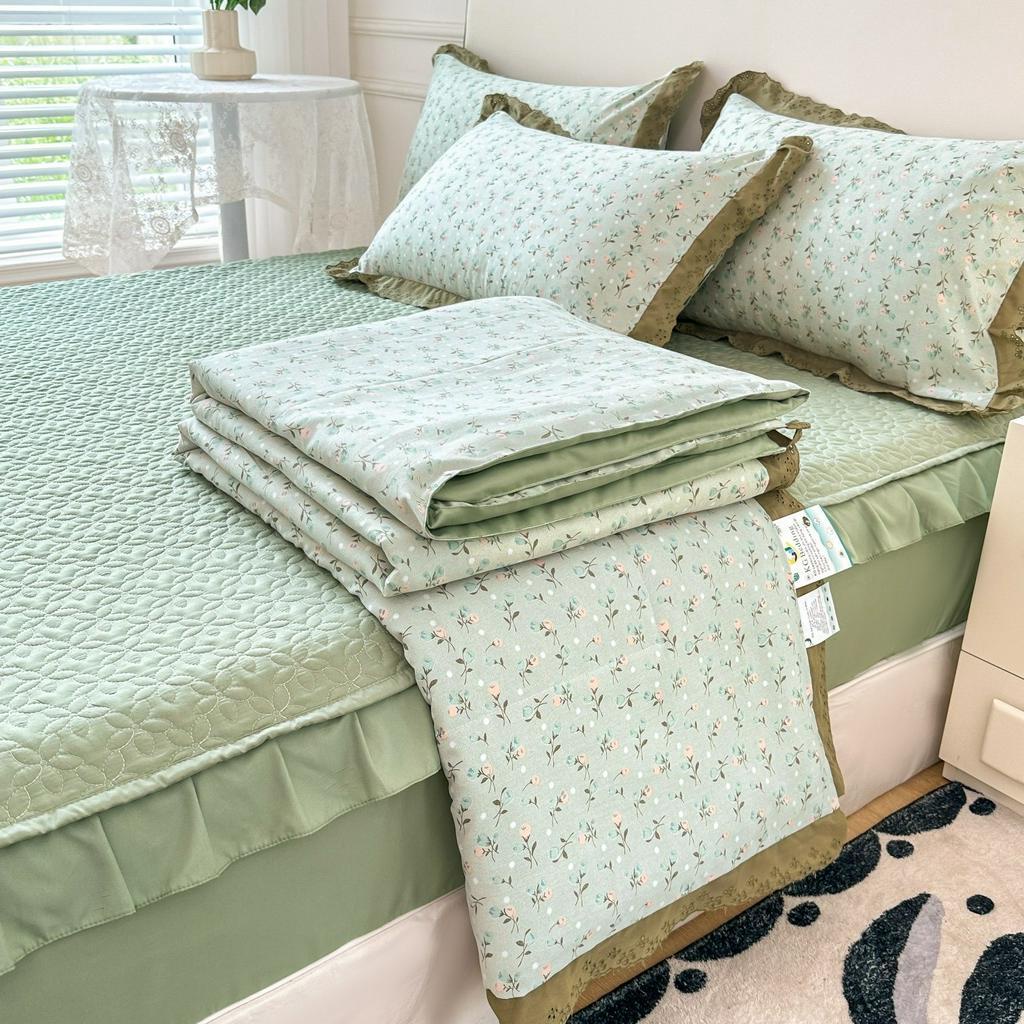 Bộ chăn ga chất liệu cotton đũi mềm mại nhập khẩu, set 5 món bo chun viền bèo chăn ga họa tiết Vintage xinh xắn