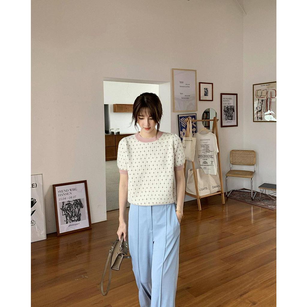 Áo Dệt Kim Tay Ngắn Cổ Tròn Thời Trang Mùa Thu Cho Nữ