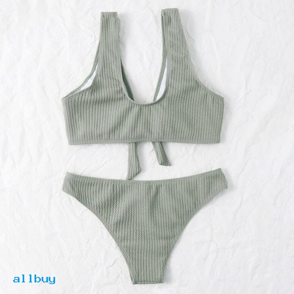 Bộ Đồ Bơi Bikini Hai Mảnh Trễ Vai Co Giãn Màu Trơn Đính Nơ Dành Cho Nữ