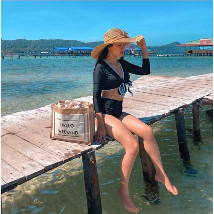 Bikini đồ bơi tay dài đắp chéo quần cạp cao viền trắng cột dây ngực sành điệu VATIXA BKN04