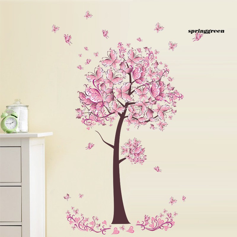 Giấy dán tường họa tiết cây và bướm màu hồng có thể tháo ra được
