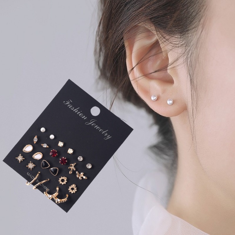 Set 12 Đôi Khuyên Tai Kim Loại Đính Đá Đơn Giản Dành Cho Nữ