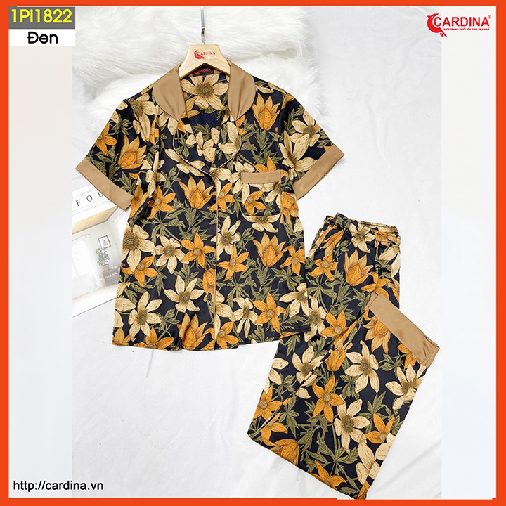 Đồ bộ pijama nữ CARDINA chất lụa satin Nhật cao cấp quần dài áo cộc tay họa tiết tinh tế trẻ trung 1Pi18.