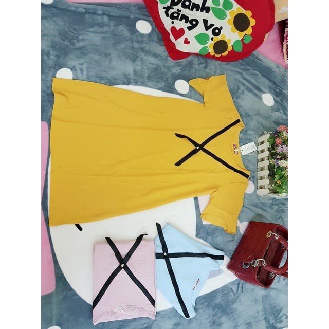 Váy bầu thiết kế cổ viền đen ( có khuy chỉnh &amp; túi)