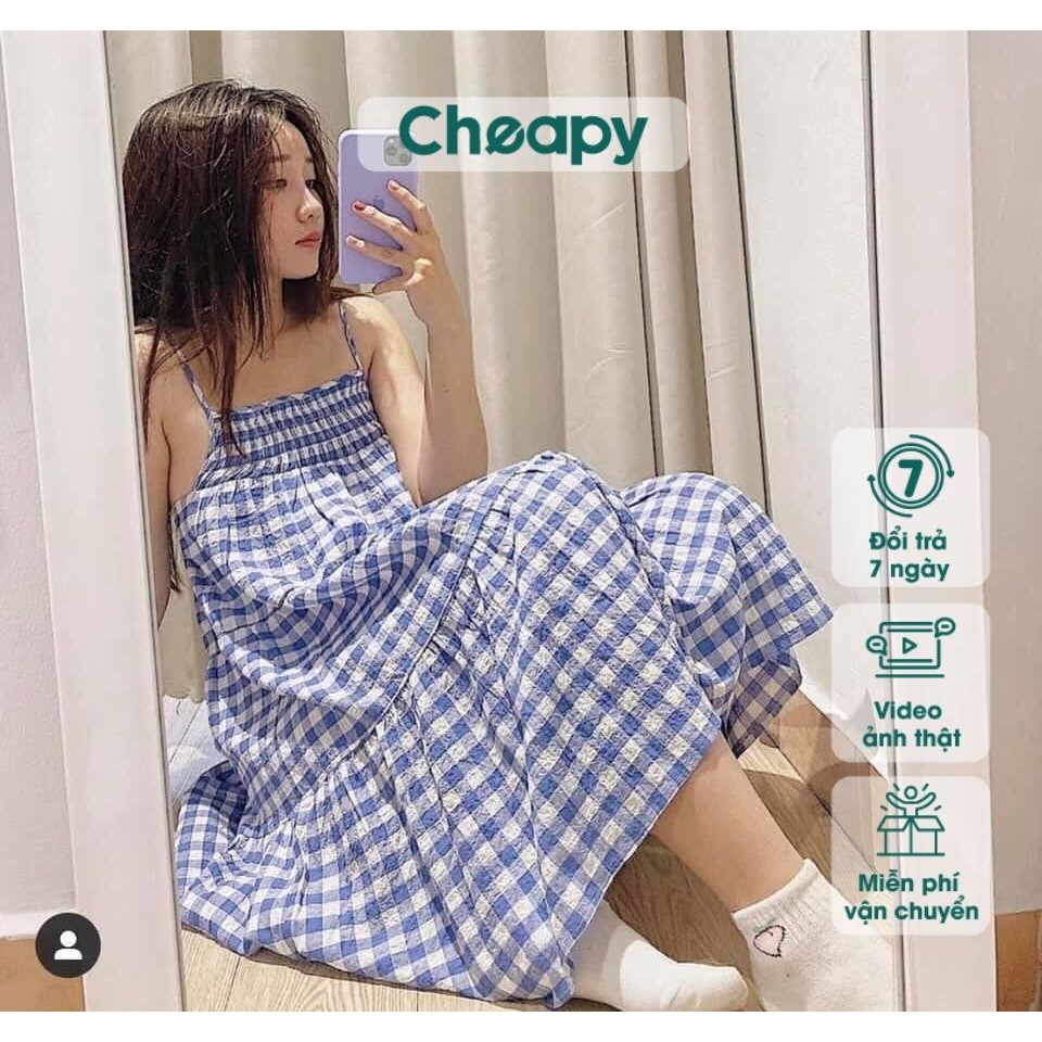 Váy đầm nữ 2 dây trễ vai tay phồng kẻ caro xanh dương hottrend đi biển freesize phom rộng dáng babydoll ulzang hàn quốc