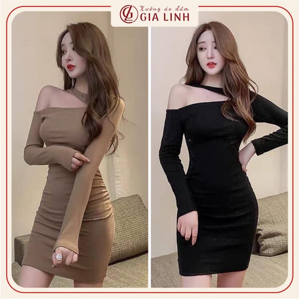 Đầm body tay dài dây lệch vai cá tính, váy ôm eo chất thun borip co giãn cực tốt