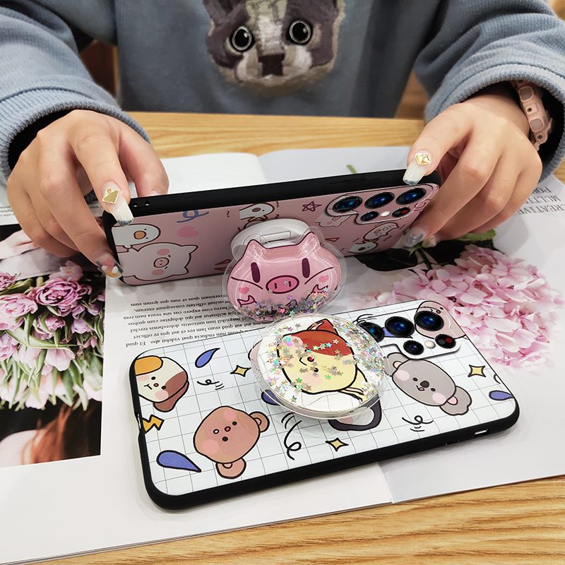 Ốp điện thoại dạng kim tuyến nước gắn giá đỡ họa tiết hoạt hình cho Samsung Galaxy S22 Ultra