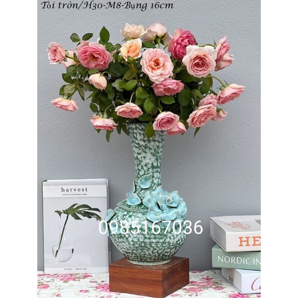 Lọ hoa dáng tỏi tròn đắp hoa nổi men hỏa biến.Hàng gốm sứ Bát Tràng.