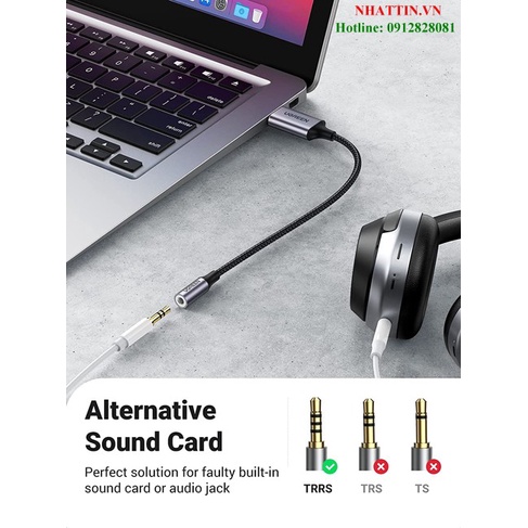 Card sound USB 2.0 Type-A to 3.5mm dây dù bọc nhôm có kèm MIC Ugreen 30757 cao cấp