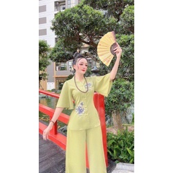 SET BỘ LAM ÁO THÊU HOA KÈM QUẦN DÀI ỐNG RỘNG TAO NHÃ ĐI LỄ CHÙA CÓ BIGSIZE 55-90 KG
