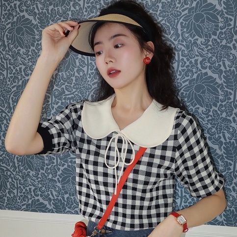 Áo kiểu ZHELIHANGFEI dệt kim cổ polo thắt nơ dáng ngắn họa tiết kẻ sọc ca rô thời trang