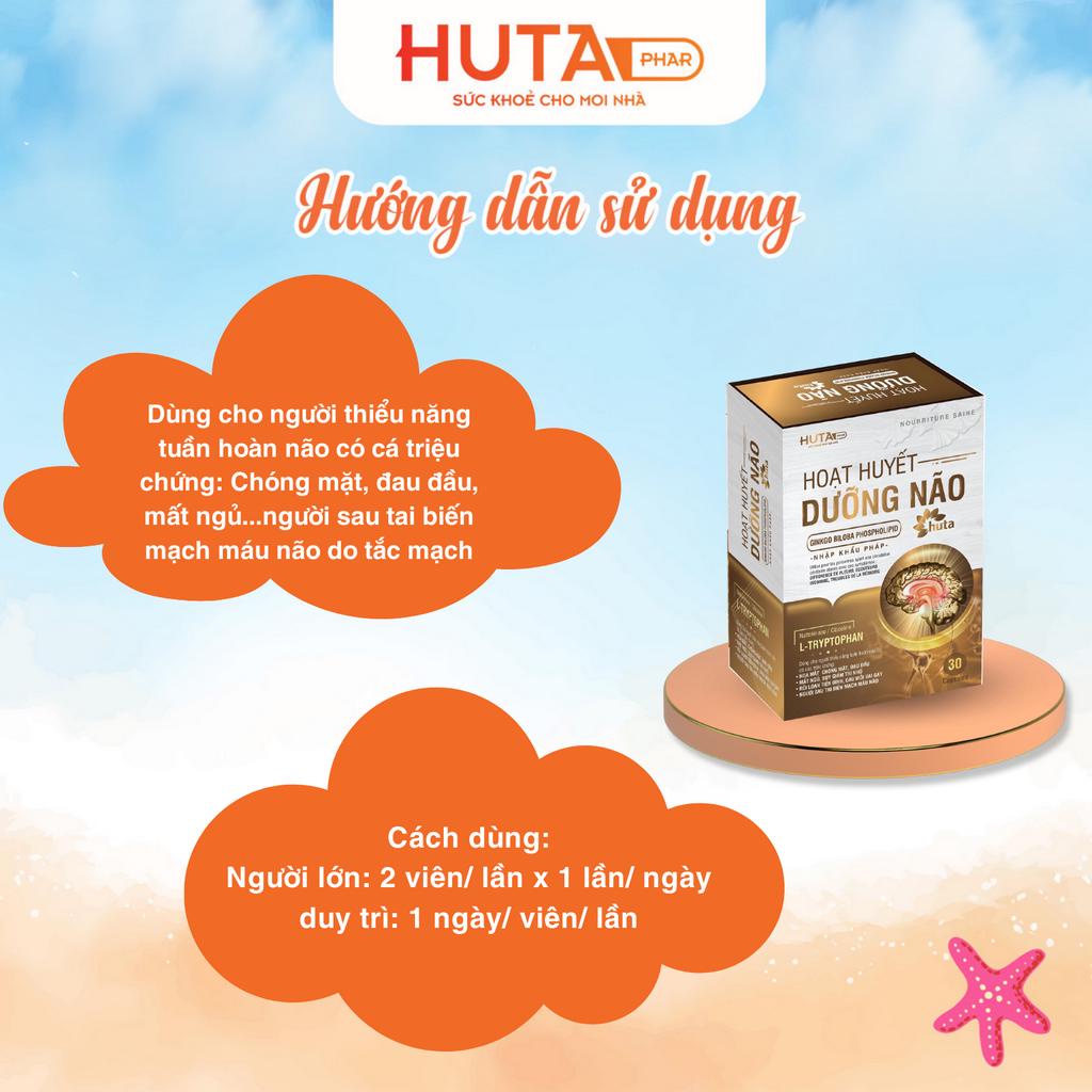 Hoạt huyết dưỡng não HUTA PHAR hộp 30 viên, hỗ trợ giảm triệu chứng hoa mắt, chóng mặt, đau đầu, suy giảm trí nhớ.