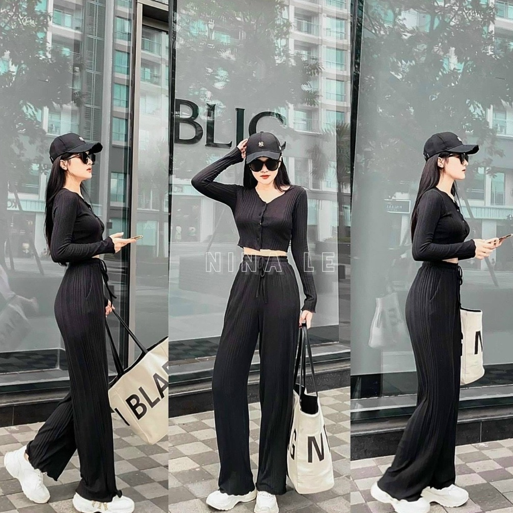 Sét bộ đồ nữ thun gân tay dài cá tính năng động thích hợp mặc ở nhà và đi chơi  ( Hàng Xịn )