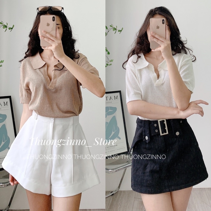 [Ảnh thật/Video] Áo phông mongtogi Ding sợi dệt lưới có cổ chất đẹp phong cách hàn Quốc