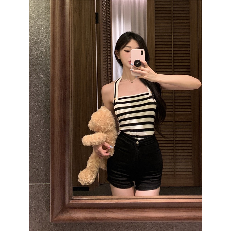 Áo Lửng Hai Dây Hở Lưng Họa Tiết Kẻ Sọc Thời Trang Gợi Cảm Cho Nữ