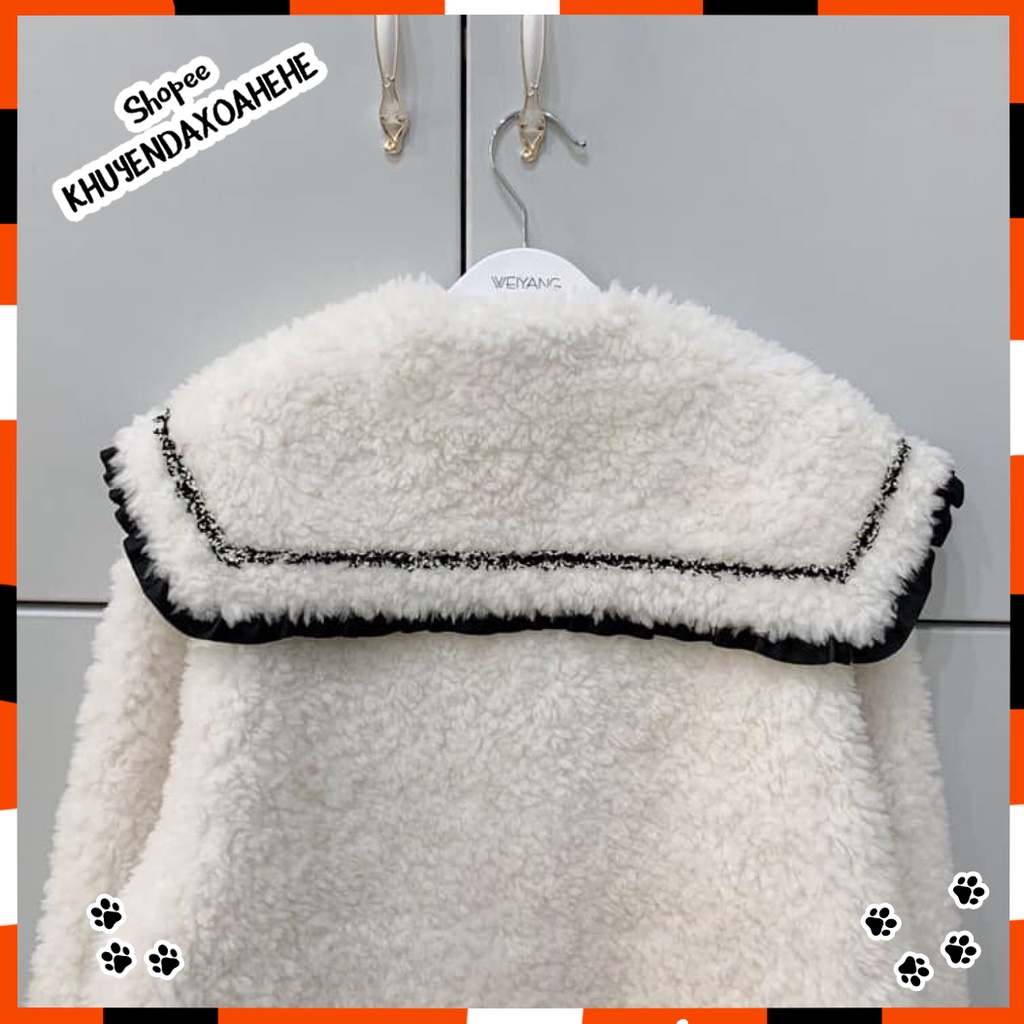 AK008 áo khoác lông cừu trắng cổ thủy thủ dáng babydoll tay bồng điệu, áo lông dáng rộng BBD tiểu thư bánh bèo cute xinh | BigBuy360 - bigbuy360.vn