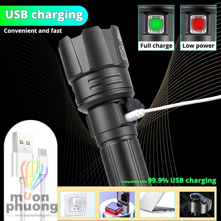 Đèn pin siêu sáng LED P90 zoom size lớn chuyên dụng kèm pin sạc USB chống nước dã ngoại - MUÔN PHƯƠNG SHOP