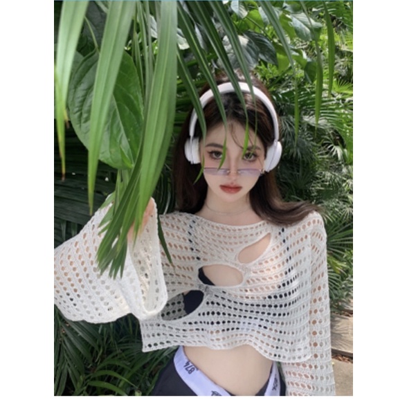 Áo lưới dài tay ống rộng dáng croptop cách điệu sexy thời trang nữ