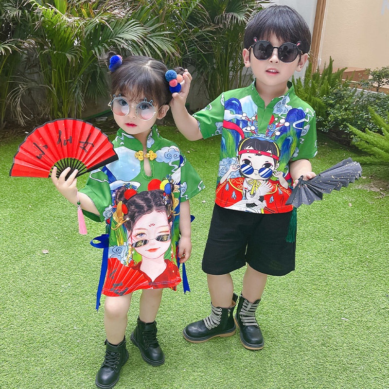 Áo Thun Tay Ngắn In Họa Tiết Phong Cách Trung Hoa Thời Trang Cho Bé Trai Và Gái