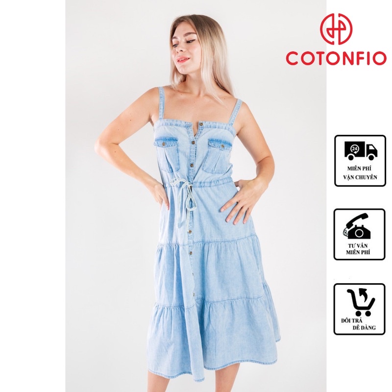Đầm Jean Suông Dài Váy Jean Cao Cấp COTONFIO 8051 chất mềm dáng dài hai dây nhún eo