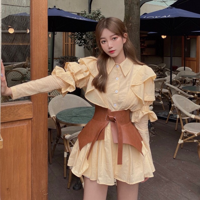 Set váy sơ mi bèo cam patel + đai eo phụ kiện cách điệu Ulzzang siêu xinh ❤️