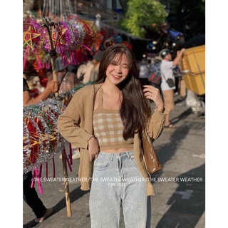 Set áo hai dây len kẻ ô kèm áo khoác cardigan trơn celyn.clothes