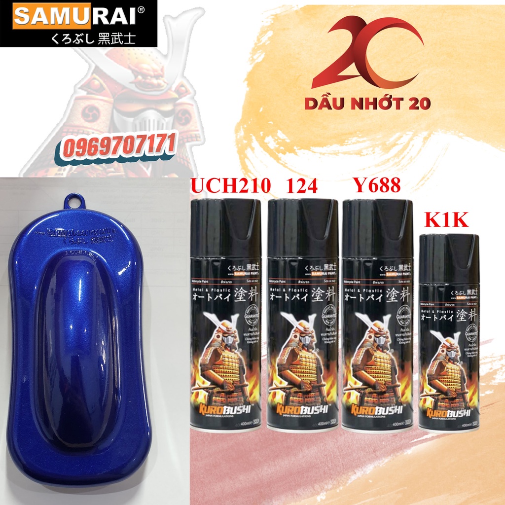 COMBO SƠN SAMURAI MÀU XANH DƯƠNG MOVISTAR Y688* BÓNG, BÓNG KIM TUYẾN, NHÁM GỒM 4 CHAI UCH210 124 Y688 K1K HOẶC K1KT 128
