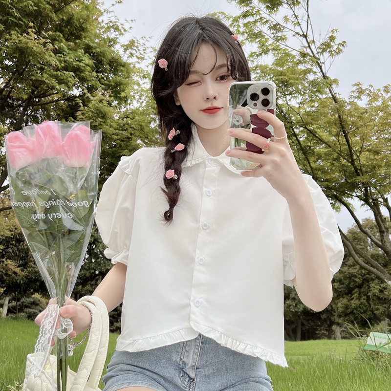 SUXI Áo Sơ Mi Tay Ngắn Cổ Búp Bê Màu Sắc Đơn Giản Thời Trang Mùa Hè Xinh Xắn Cho Nữ