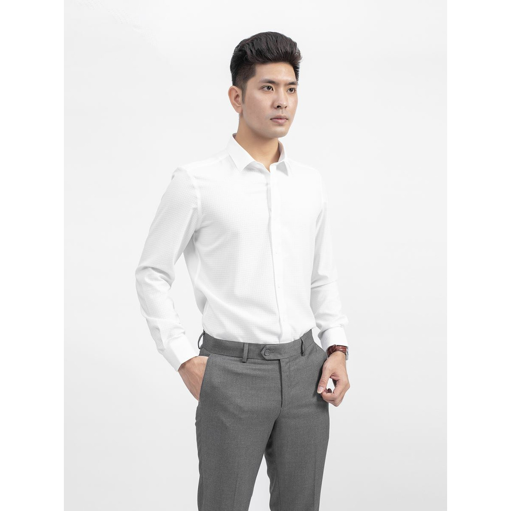 Áo Sơ Mi Nam Tay Dài Aristino ALS08009 Màu Trắng Caro Dệt Lỗ Kiểu Dáng Slim Fit Chất Liệu Nano
