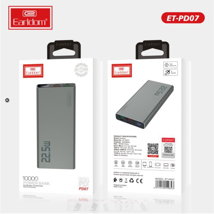 Sạc dự phòng 10000mAh Earldom PD07 thiết kế mỏng vỏ nhôm lõi pin công nghệ lion