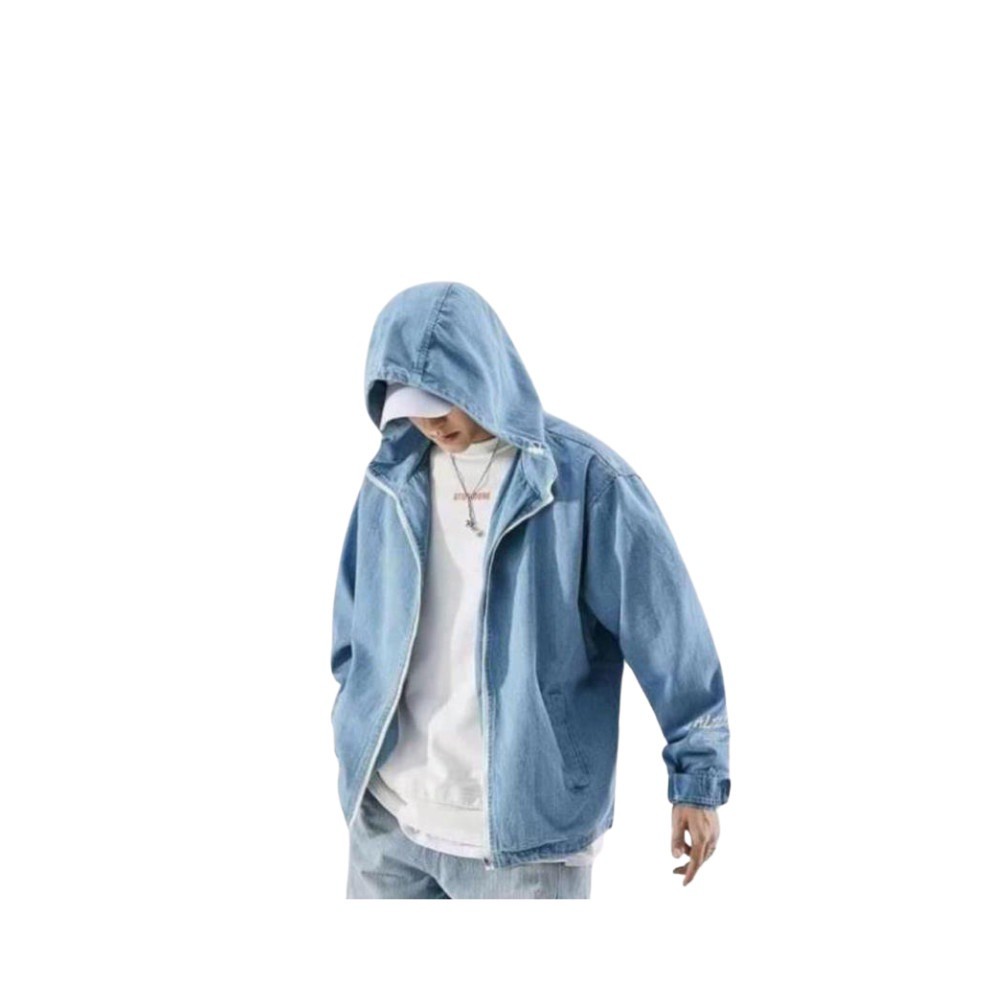 HCM Áo Khoác Jean Nam, Áo Khoác Jean Unisex Có Mũ In Chữ Siêu Hot mã: JG_AJNAM_1310