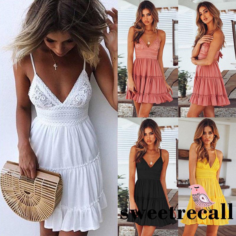 Women Dress, Solid Color Sling Deep V-Neck Waist Design Back Tie Lace, Loose Hollow Back Summer Dress for Beach, Vacation