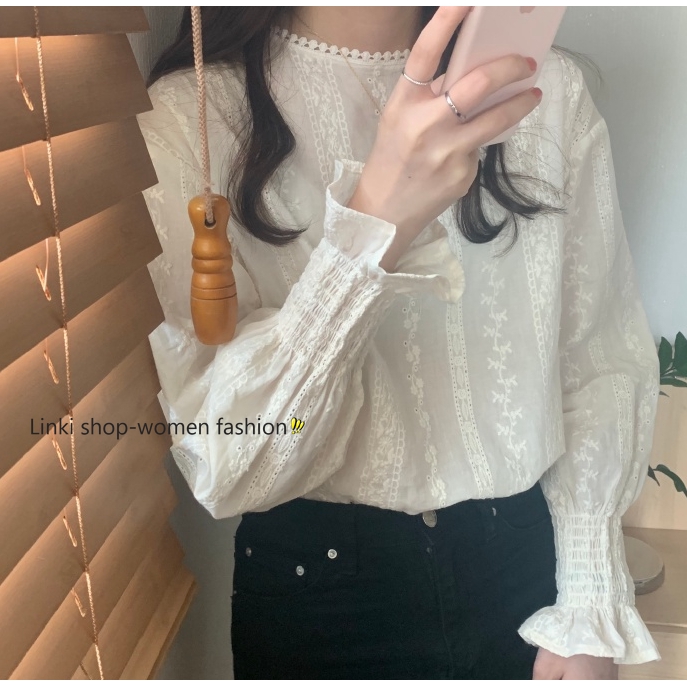 Áo sơ mi dài tay phối ren phong cách Hàn Quốc cho nữ